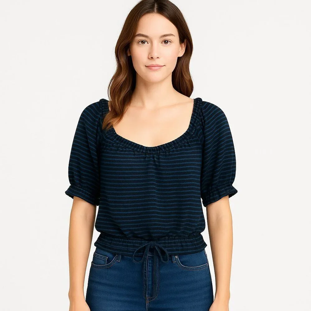 Free People Dorothy Blouse S Navy Stripe Ruffle Peasant Boho